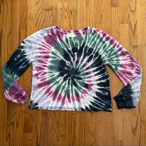NATION LTD Purple Green Blue Tie Dye V-Neck Long Sleeve Top Women’s Size Medium - Picture 6 of 11